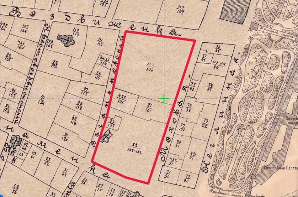 Участок проектирования на карте Москвы из адресного справочника «Вся Москва» с указанием полицейских и крепостных номеров владений. 1901-1904 годы.