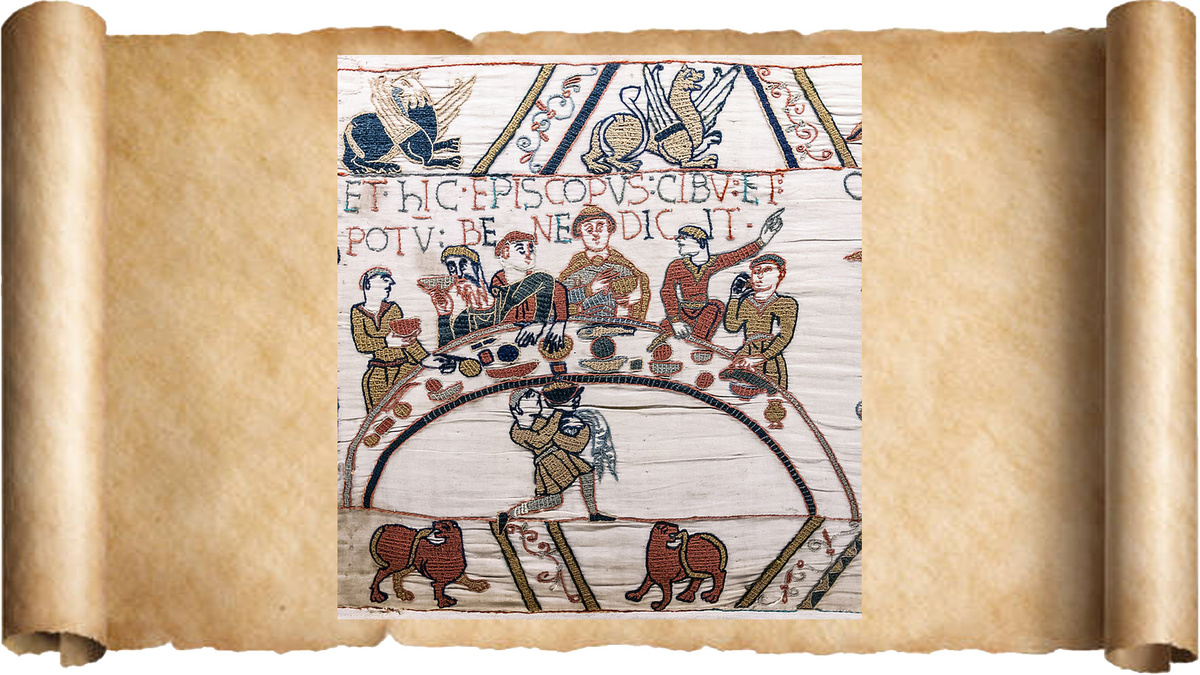 Банкет при дворе епископа Одона после победы над саксами. Гобелен из Байё, XI век (быков на вертелах - нет)