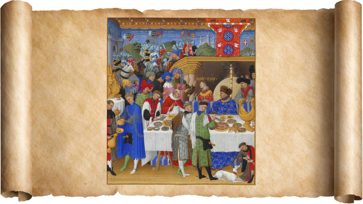 Жан, герцог Берри, наслаждается пиршеством ок. 1410—1416гг (опять же все довольно скромно по современным меркам)