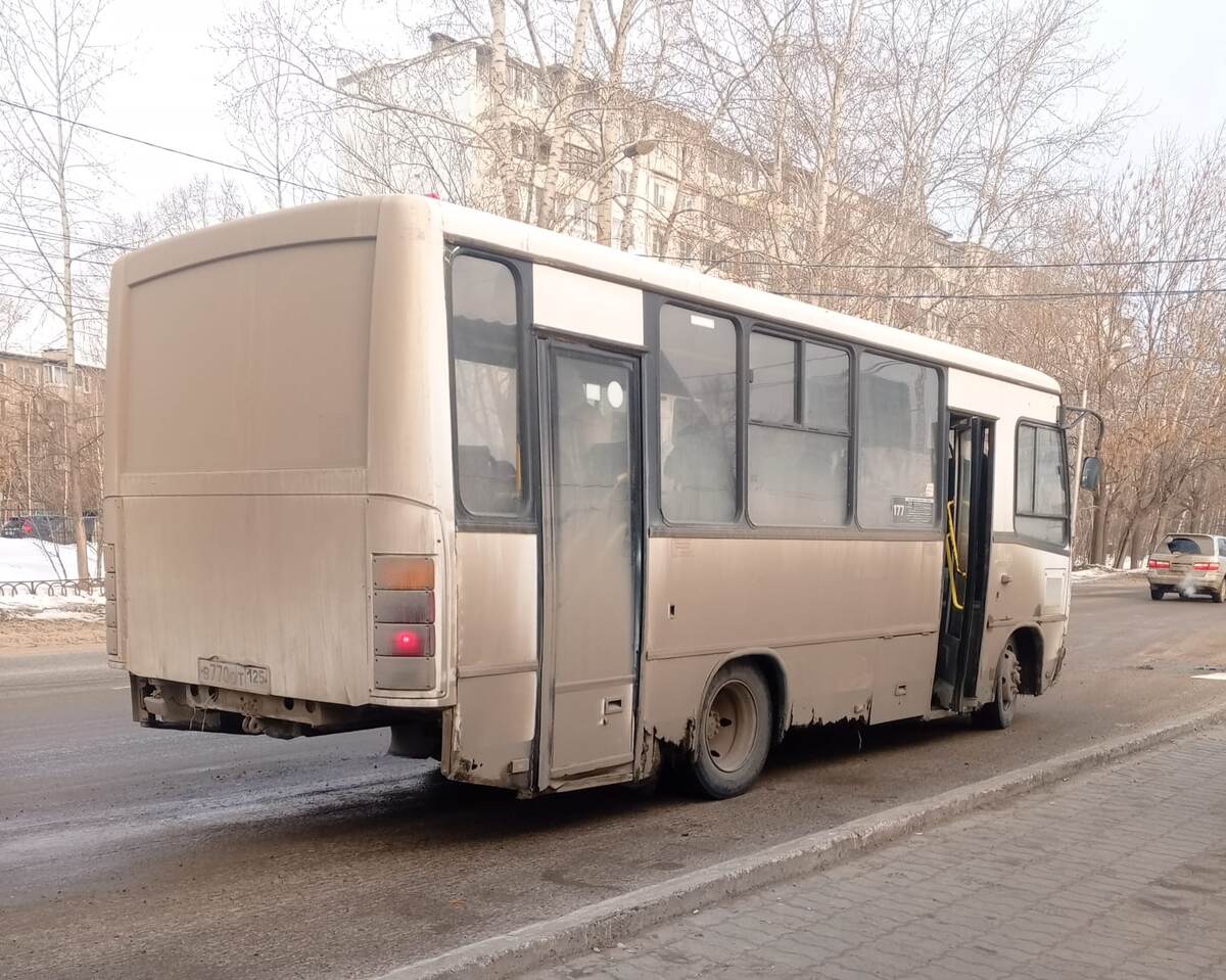 Лицо общественного транспорта г. Хабаровска. Автобус маршрута 177 на ул. Малиновского. Фото автора 01.04.2025 г. 