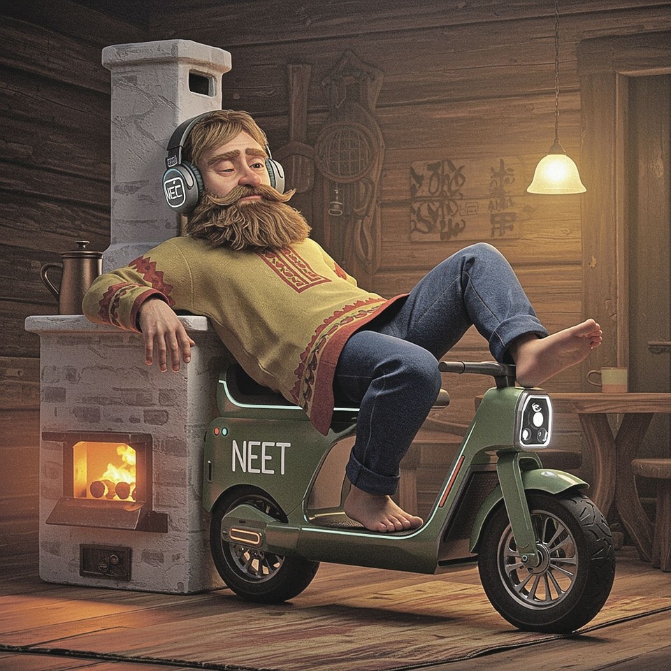    Вот так бы и выглядел Емеля XXI века! Валялся бы на печи с электродвигателем да бездельничал. Впрочем, герой русской сказки трудолюбивее представителей поколения «НЕТ»: он хотя бы щуку поймал! Фото: Мария ВОРНАКОВА/Нейросеть