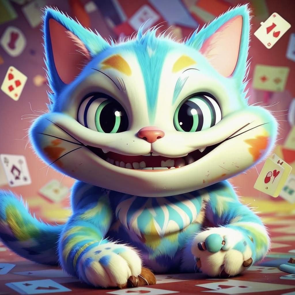 иллюстрация сгенерирована нейросетью Кандинский, таким он представляет себе Чеширского кота, не правда ли, это изображение сильно отличается от работ художникаДжона Тэнниэла 