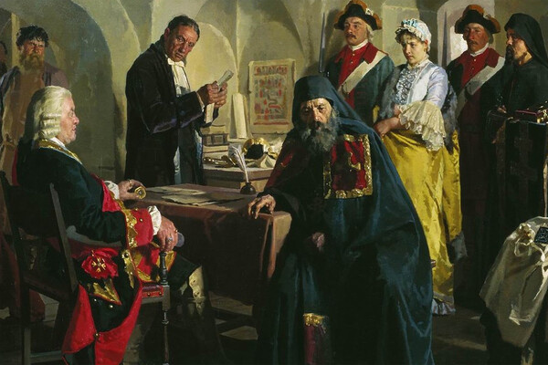 Картина «Начальник Тайной канцелярии А. С. Ушаков допрашивает княжну Прасковью Юсупову» / Николай Васильевич Неврев (1830–1904) 