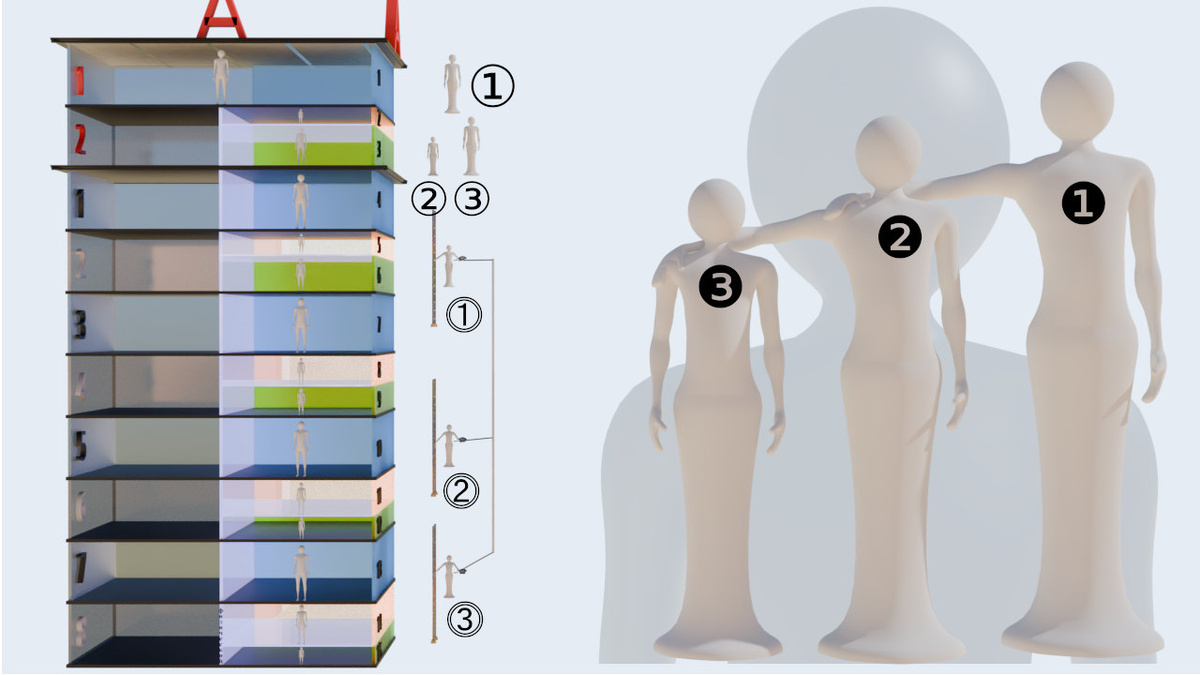 Здание под литерой «А» с первой частью жильцов, вид спереди (создано автором Петром М.).