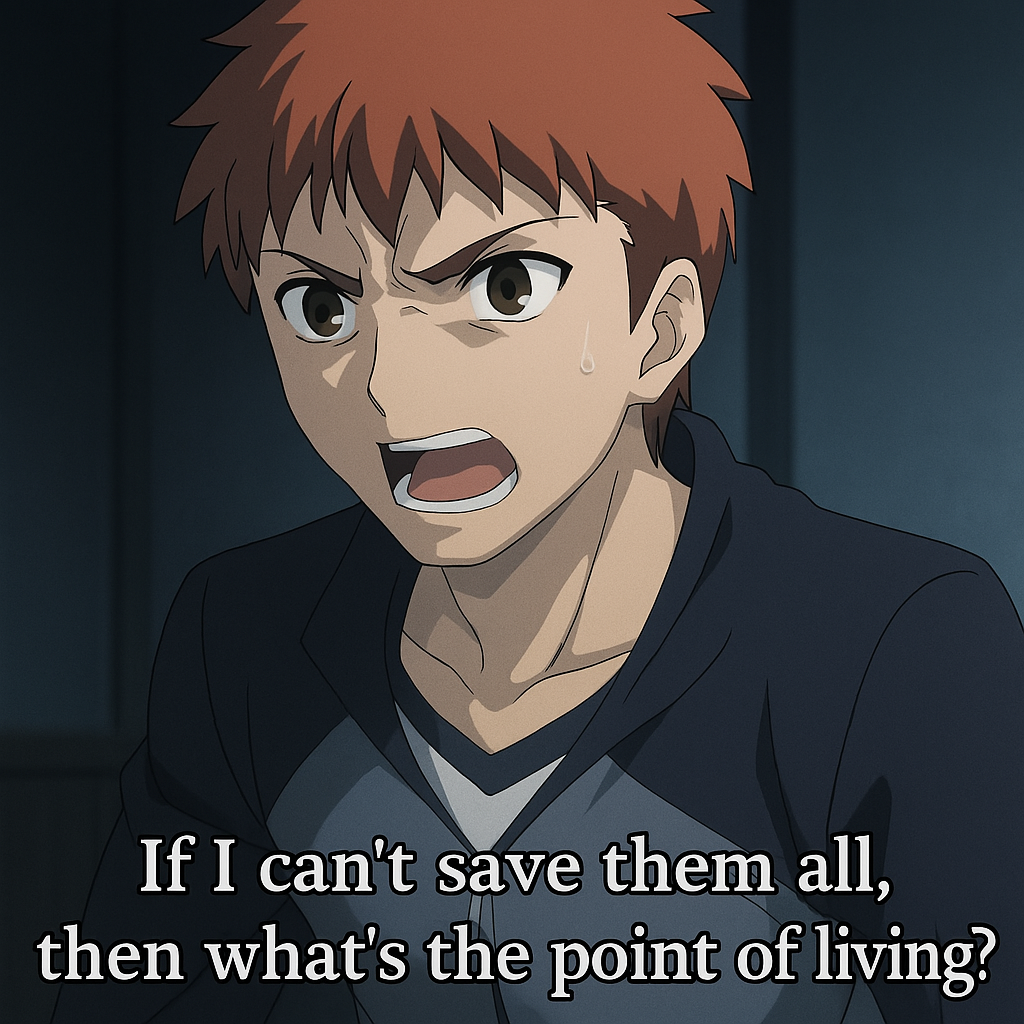 «Если я не могу спасти всех, то зачем вообще жить?». Широ произносит это во время спора с Сэйбер, демонстрируя его наивность и нежелание принимать реальность войны.