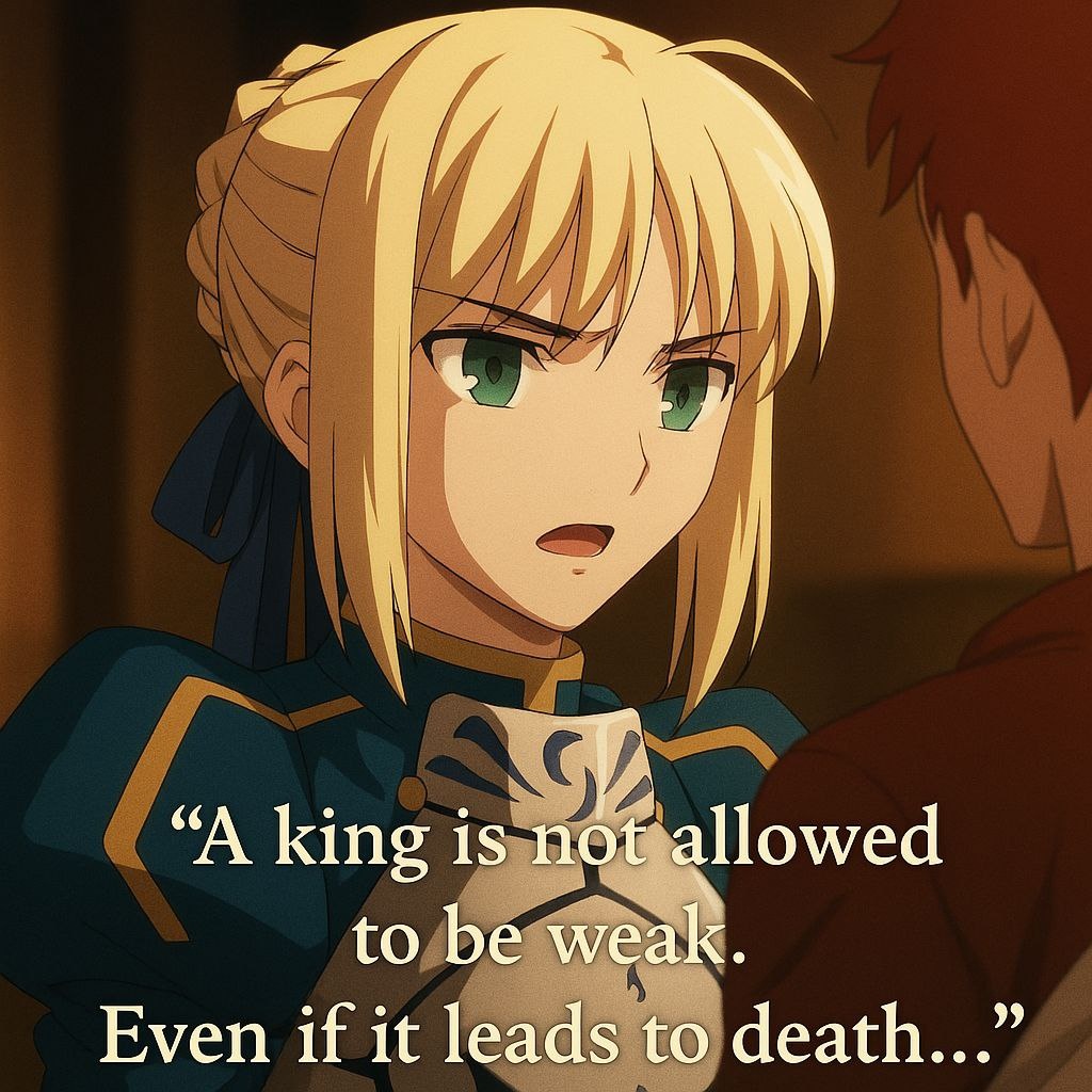 «Король не имеет права быть слабым. Даже если это приведёт к гибели…». Сэйбер объясняет Широ, почему скрывает свои эмоции. Её вера в долг и жертвенность противоречит желанию Широ защищать её как человека.