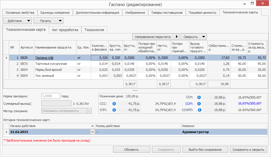 Пример технологической карты в iiko