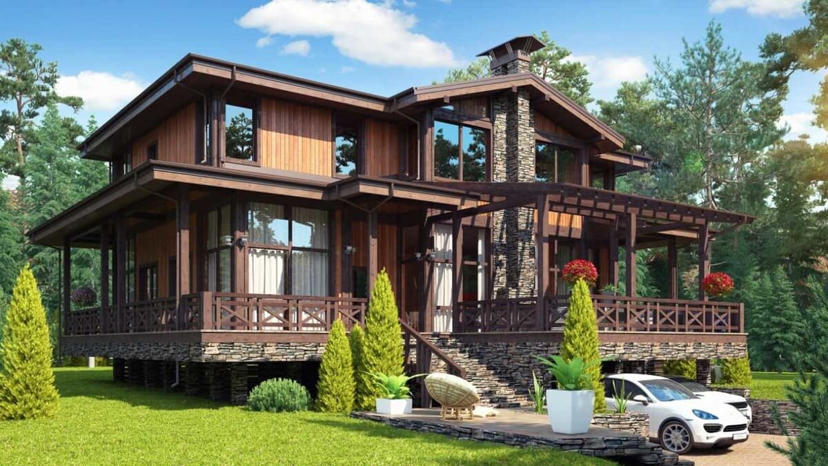 Внешний фасад загородного дома из вертикального бруса NATURI "Харли"