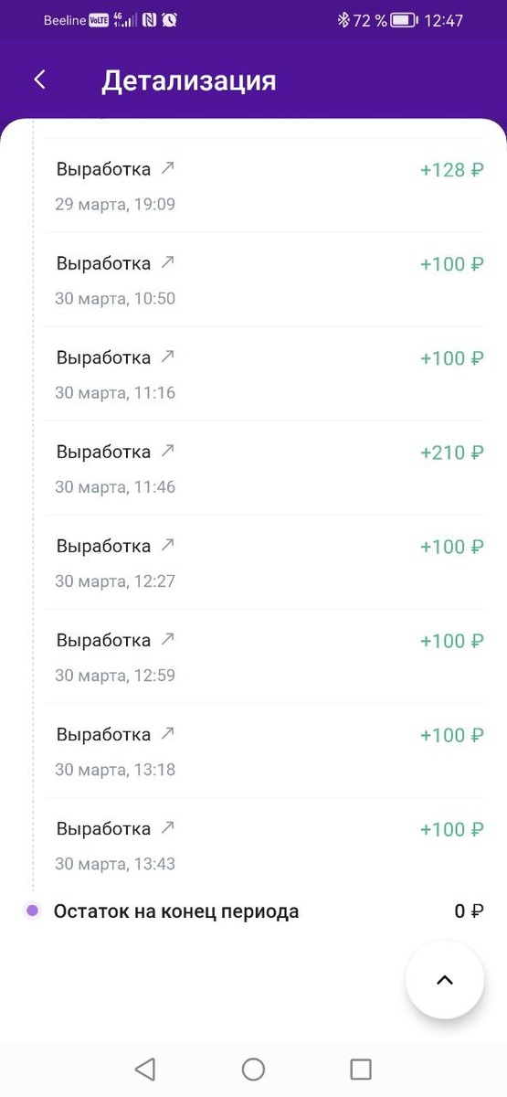 Детализация за воскресенье.