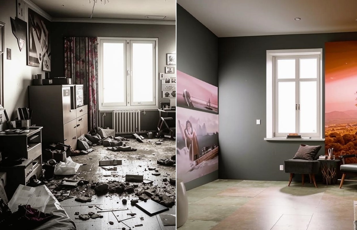 Контраст: слева — реальная комната с беспорядком, справа — глянцевое фото  комнаты в соцсетях» — иллюзия vs реальность