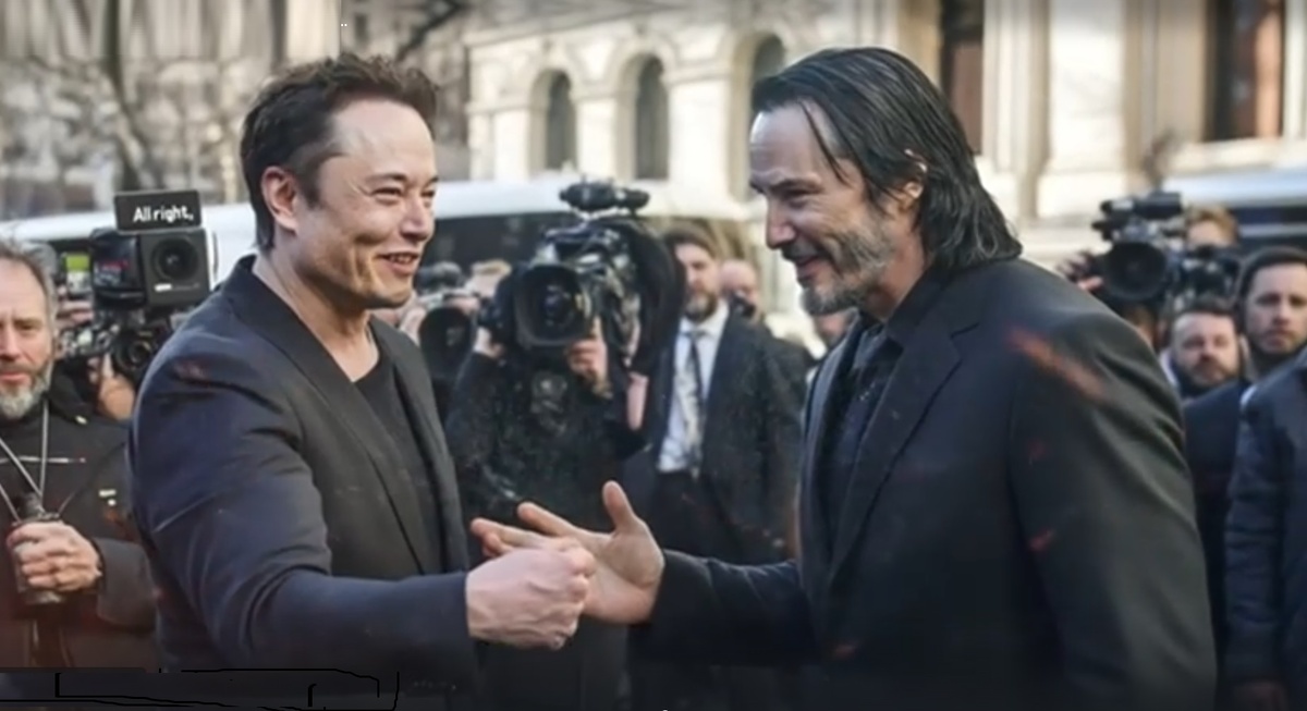 Илон Маск и Киану Ризвз перед началом встречи, ещё не зная , чем она закончится.