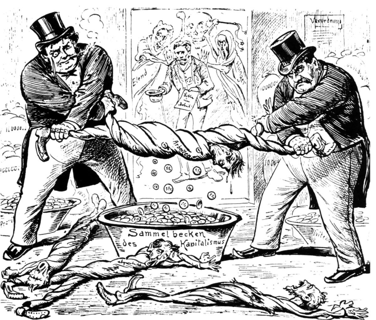 Карикатура на капиталистов США в 19 веке с надписью «Sammel becken des Kapitalismus»