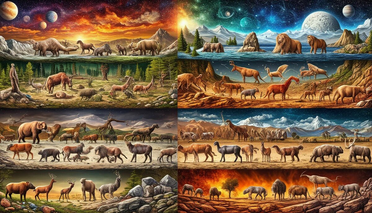 Геологические слои из живых существ как интерференционная картина в квантовой физике, фэнтэзи 10D, гиперреализм. Резкие переходы между слоями объясняются квантованными изменениями информационного содержания мира. В каждом слое животные из разных эпох: неолита, палеолита, мезолита,