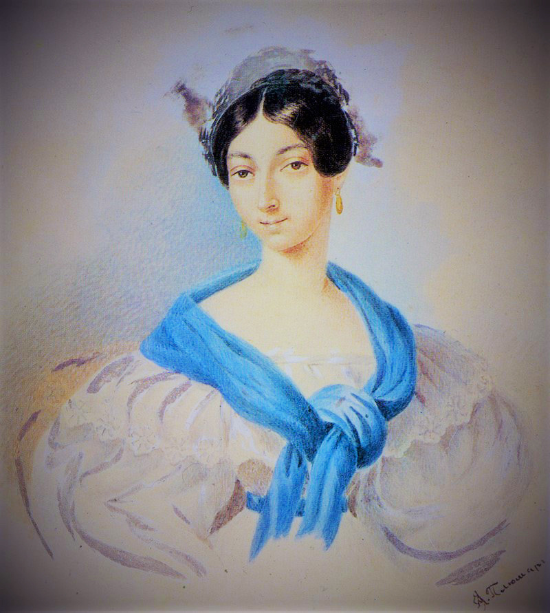 Ольга Сергеевна Пушкина  - Павлищева. Акварель Е. Плюшара. В галерее  фотография сохранившейся надгробной плиты с могилы Ольги Сергеевны и рисунок профиля А. Пушкина