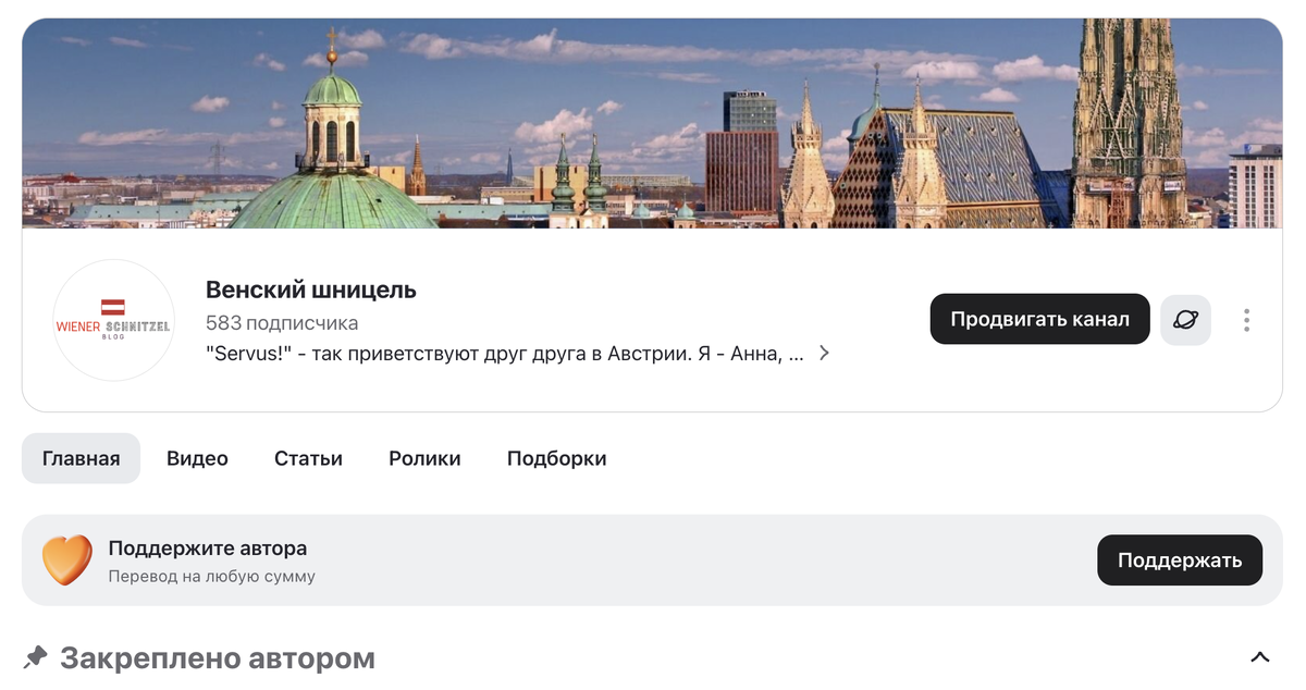 Баннер с пожертвованиями на канале автора Дзена