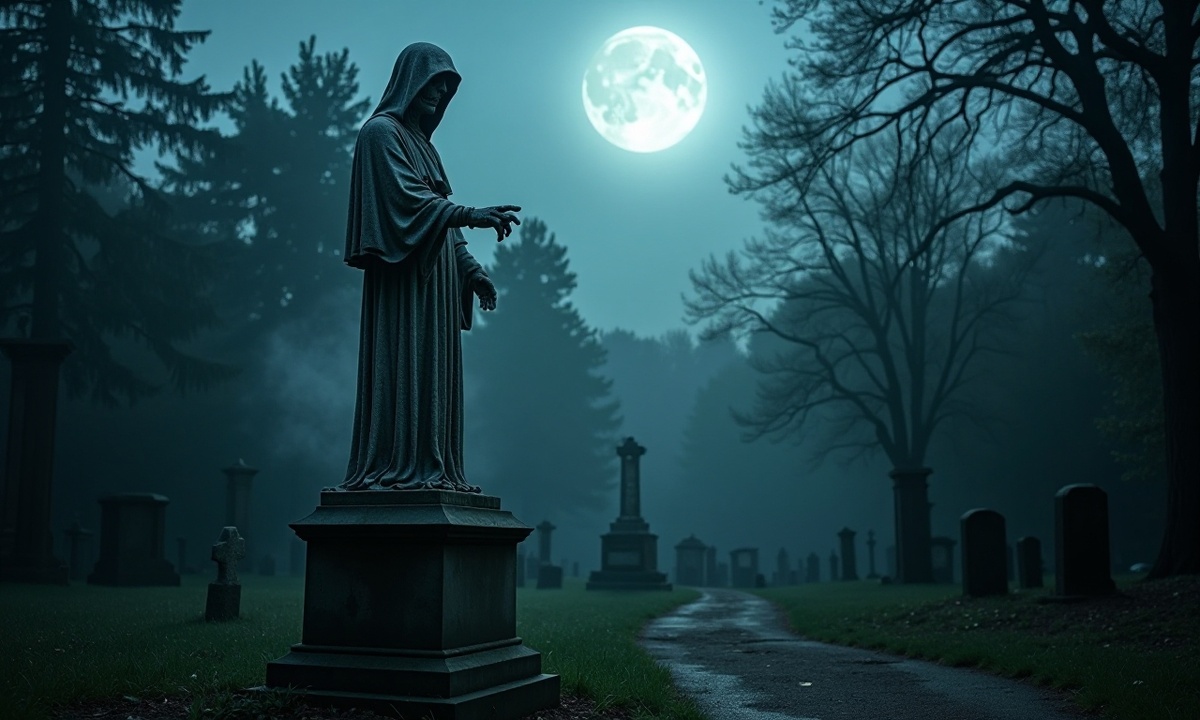 Ночной страж кладбища, застывший в вечном молчании.