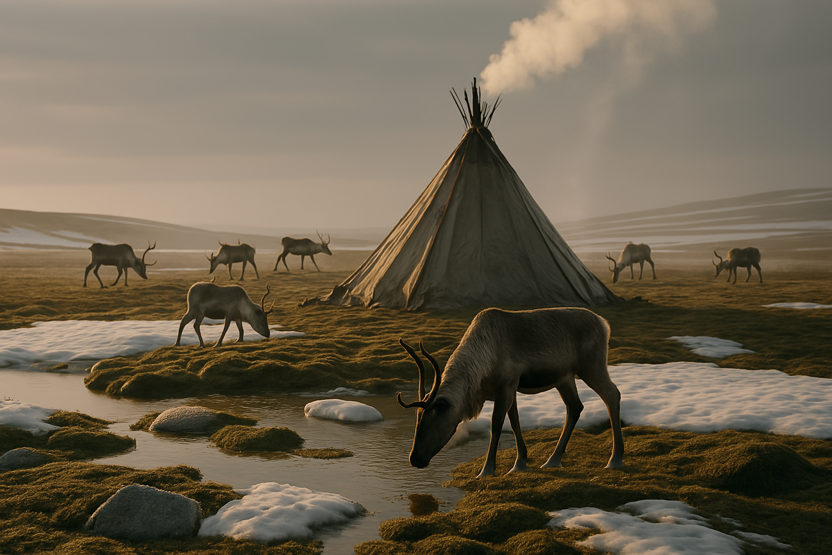 Олени пьют воду у чума, снег тает медленно, дым тянется вверх. Всё — в движении, но без спешки. Это Север. Здесь даже весна сначала молчит.