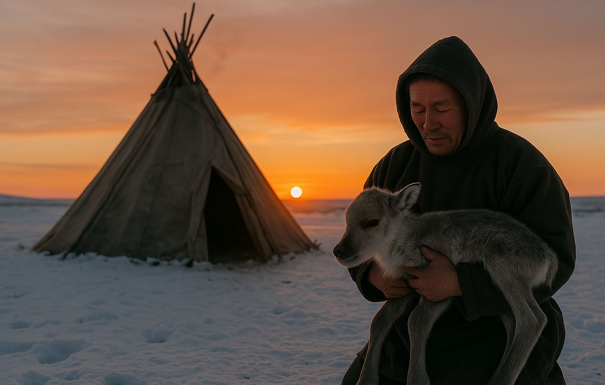 Если телёнок не встаёт — несут в чум. Без лишних слов.