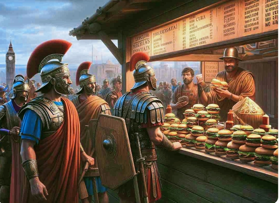 Римские легионеры покупают бургеры.