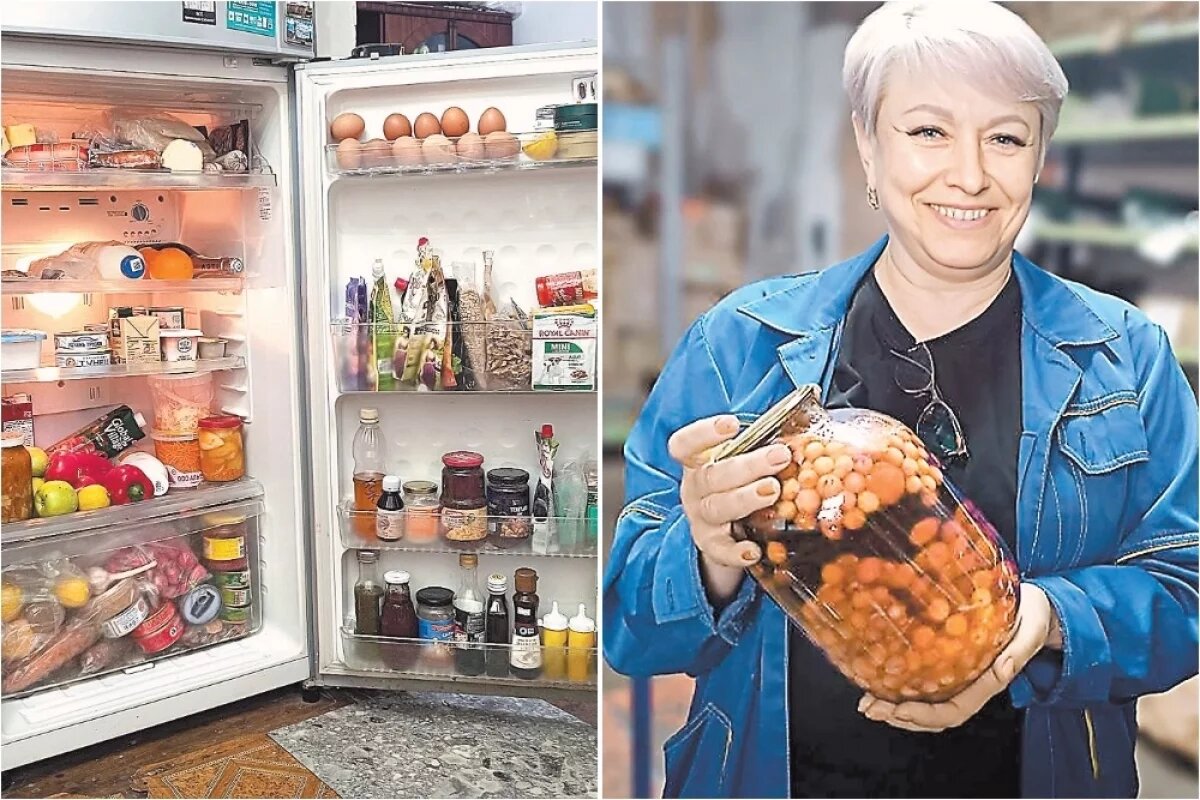    На полках: 1. боком стоят мидии, колбаса печёночная для собаки – 2 шт., лаваш, сыр, колбасы с/к и варёная, масло сливочное; 2. шампанское, два апельсина, 1 л молока, сало солёное, 2 шт. рыбца; 3. йогурт, сыр плавленый, за ним кокосовое молоко, сливки, рыбные консервы – 2 банки, контейнер с котлетами; 4. помидоры зелёные солёные, капуста квашеная, морковка по-корейски, молоко, сок, болгарский перец, лимон, яблоки, борщ в банке; 5. томатная паста, рыбные консервы, редиска, чеснок, лимон, морковка.