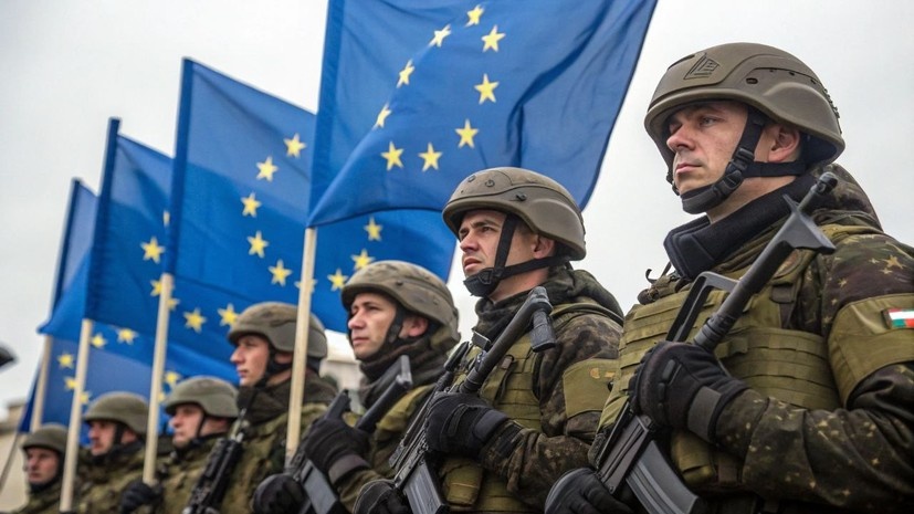     Европейские военные с флагами ЕС  Изображение сгенерировано при помощи ИИ