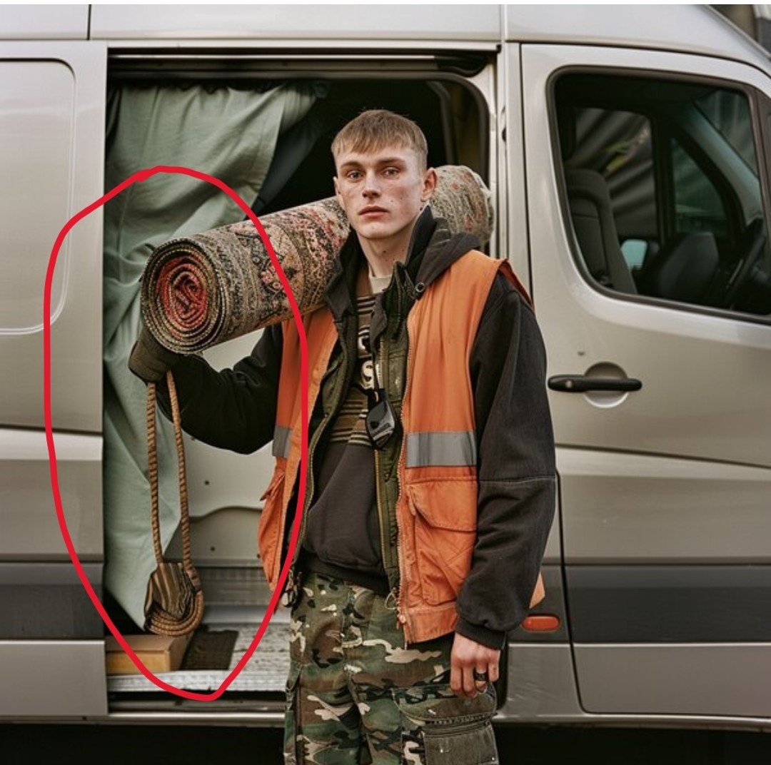 Нарисованный ИИ парень с ковром. Выглядит неплохо, но вот красную область нейросеть недоработала.