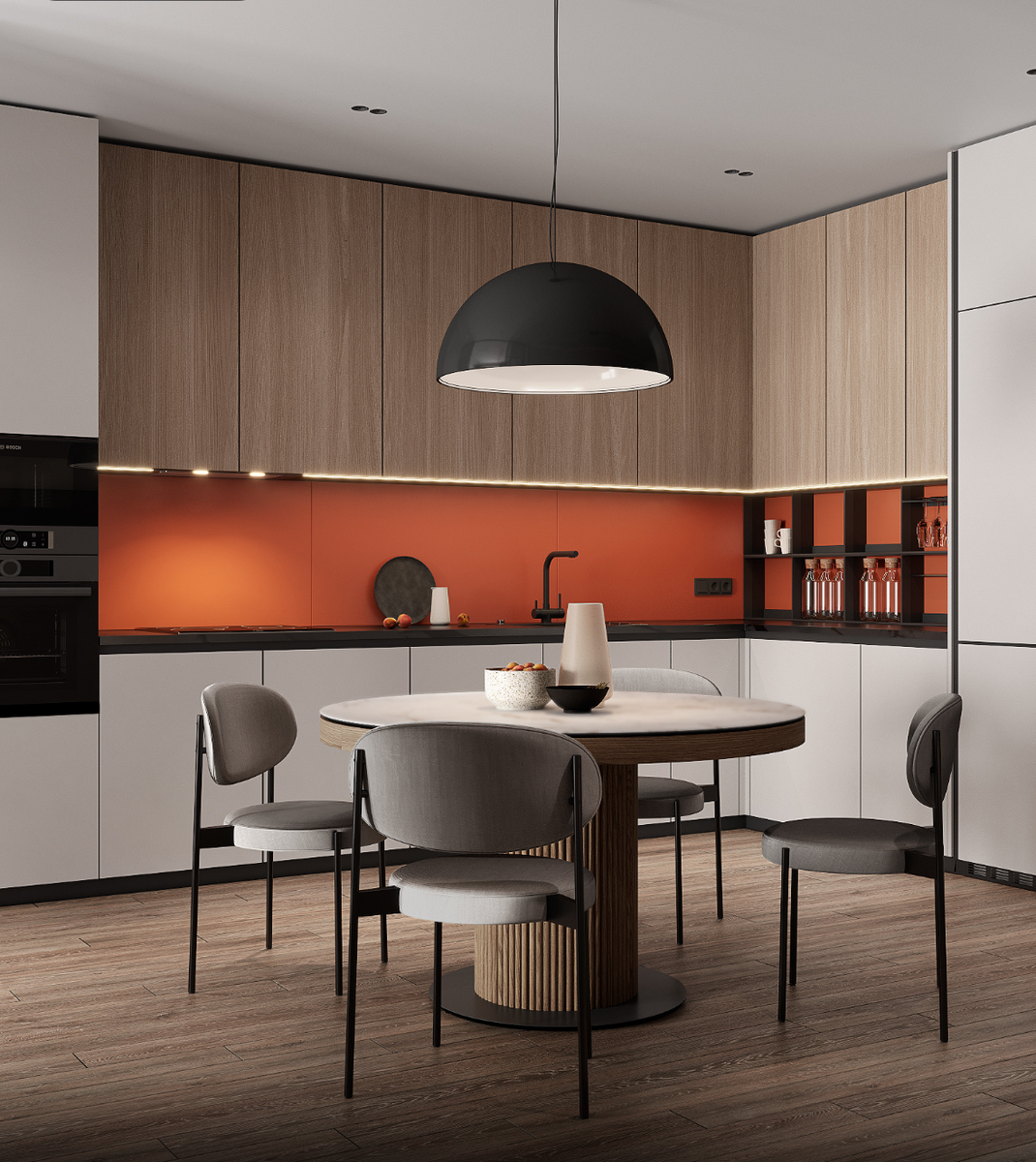 Красивая квартира с кухней с оранжевым фартуком