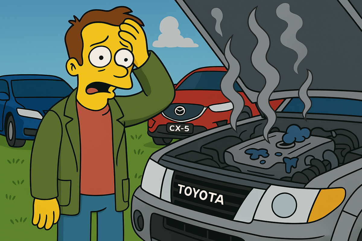 Владелец автомобиля (Camry, CX-5 или X-Trail) стоит рядом с машиной, открывает капот и видит потёки масла, дым или другие признаки серьёзной поломки