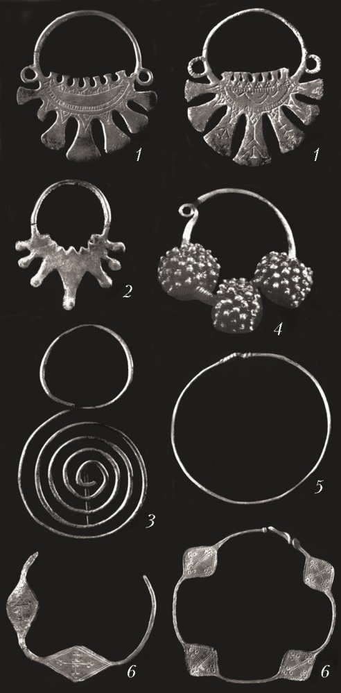 Височные кольца восточных славян: 1 – вятичей; 2 – радимичей; 3 – северян; 4 – дреговичей; 5 – кривичей; 6 – словен ильменских. 11–12 вв. Исторический музей, Москва.