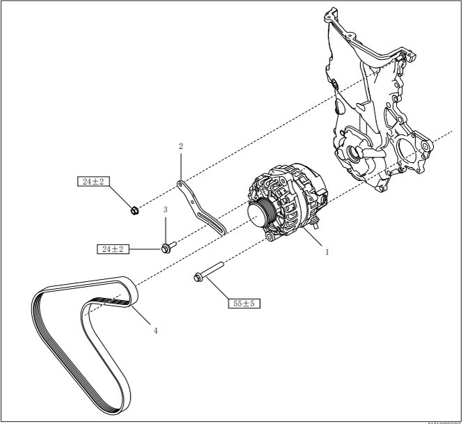 1. Генератор
2. Рычаг регулировки натяжения ремня привода генератора
3. Регулировочные болты рычага регулировки натяжения ремня привода генератора
4. Ремень привода генератора