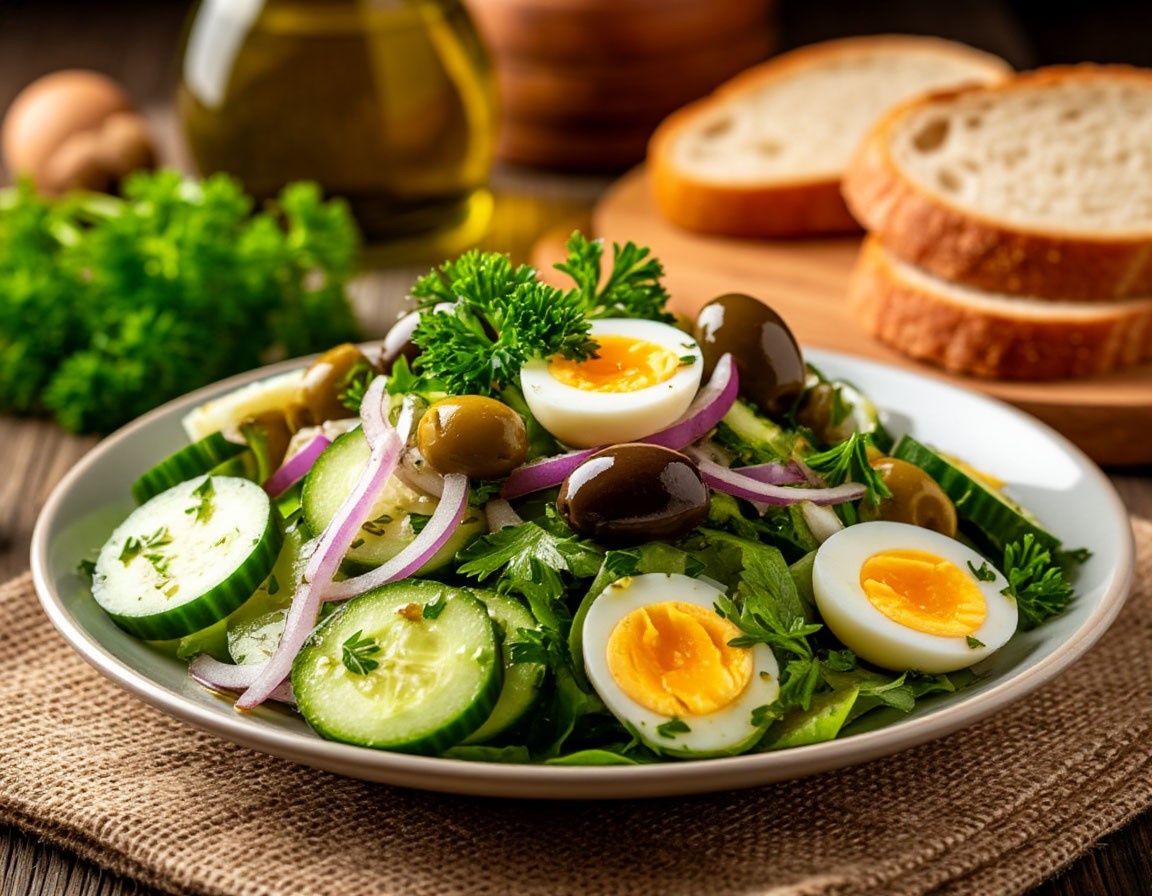 Салат с огурцом, яйцом и оливками