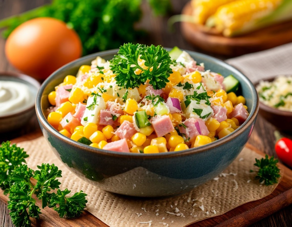 Салат с кукурузой, ветчиной, огурцом и яйцом