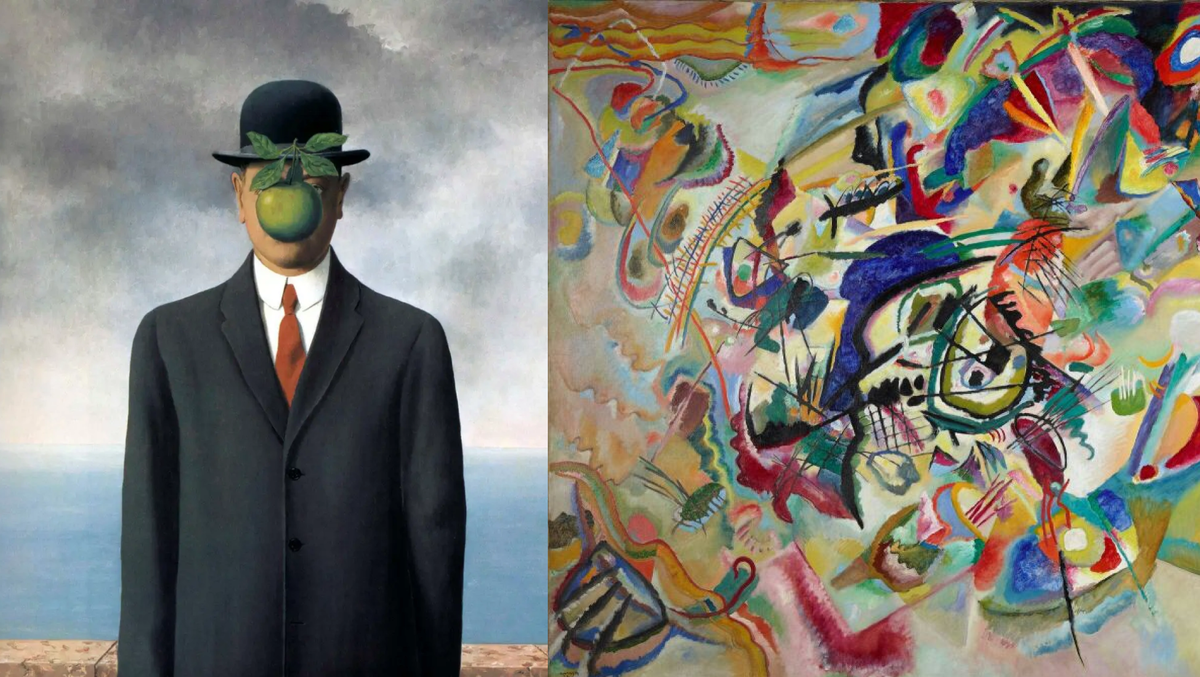    Слева: Рене Магритт «Сын человеческий», 1964 год. Фото: artchive. Справа: Василий Кандинский «Композиция VII», 1913 год