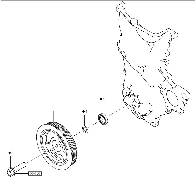 1. Болты крепления шкива с демпфером крутильных колебаний
2. Шкив с демпфером крутильных колебаний
3. Пластинчатая шайба коленчатого вала
4. Передник сальник коленчатого вала
