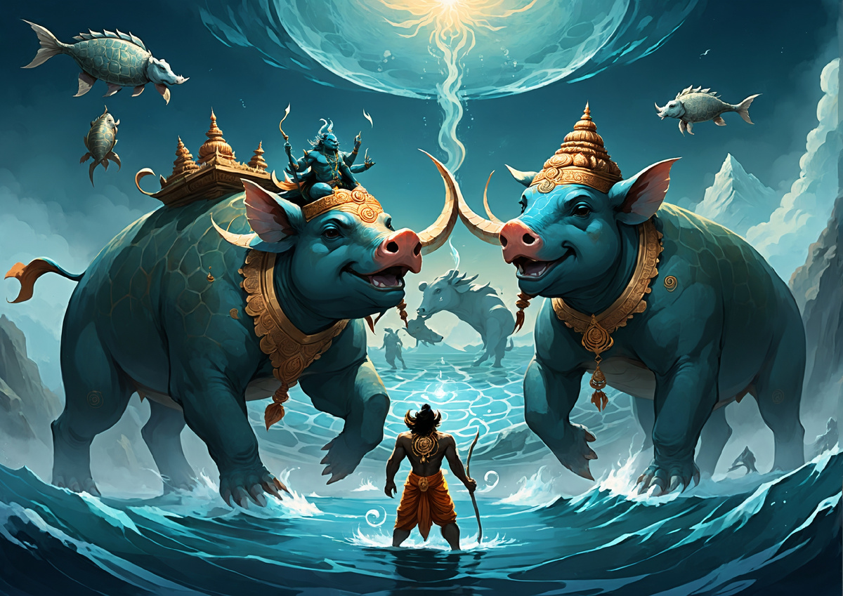 Вишну в разных аватарах: Матьсйя, Курма, Вараха.