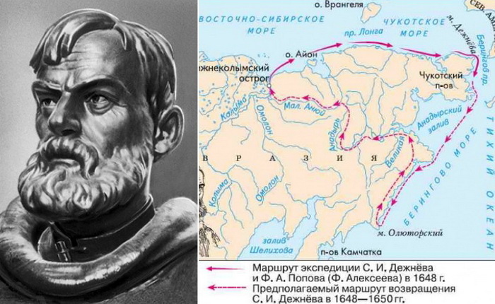 Сергей Дежнёв и маршрут его экспедиции