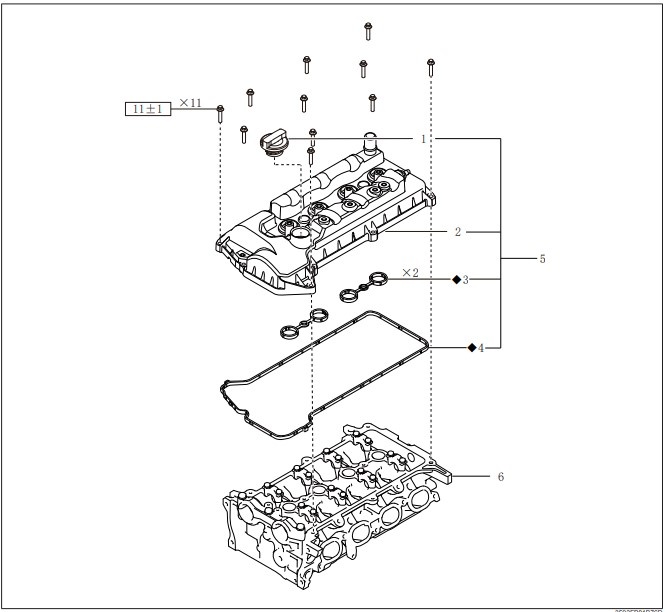 1. Пробка маслозаливной горловины
2. Крышка головки блока цилиндров
3. Уплотнительная прокладка 2 крышки головки блока цилиндров
4. Уплотнительная прокладка 1 крышки головки блока цилиндров
5. Крышка головки блока цилиндров
6. Головка блока цилиндров