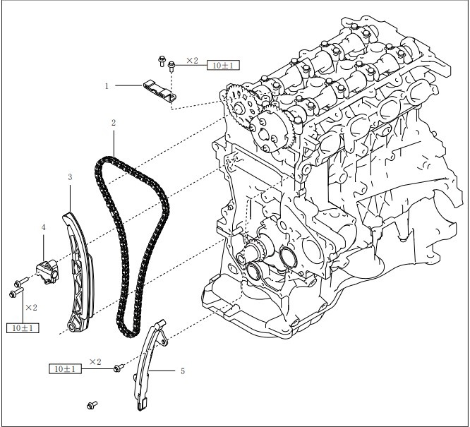 1. Верхняя направляющая
2. Цепь
3. Успокоитель
4. Натяжитель
5. Демпфер
