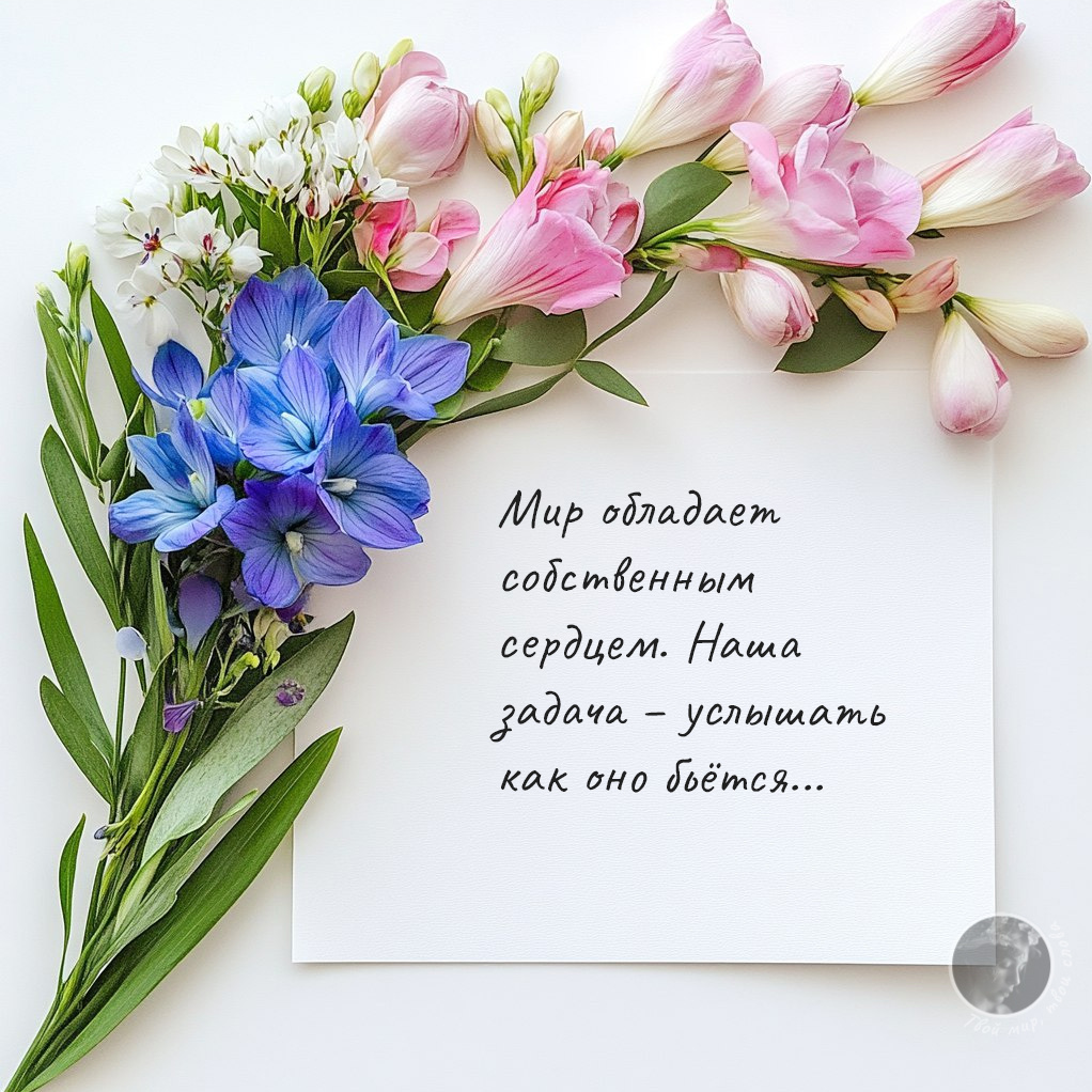 Красивые слова о собственном свете в цветочном обрамлении: вдохновляющая цитата о внутренней красоте, украшенная нежными розовыми тюльпанами и синими цветами для ежедневной мотивации и украшения интерьера.