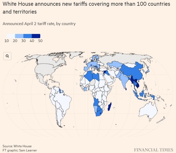    Страны, которые охватывают новые торговые тарифы США со 2 апреля 2025 года. Автор фото: FT / Сэм Лернер