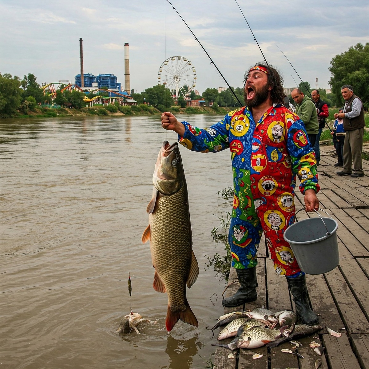 Рыбаки говорят что этот тип бывший репер, но в последнее время увлёкся рыбалкой.