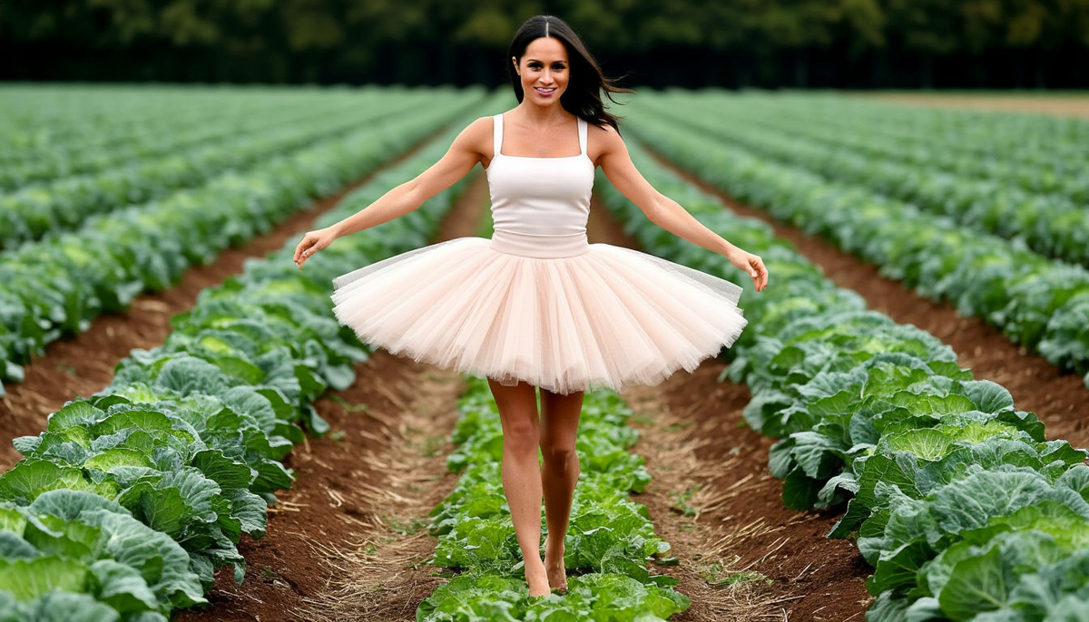 Меган Маркл в балетной пачке танцует между рядами капусты