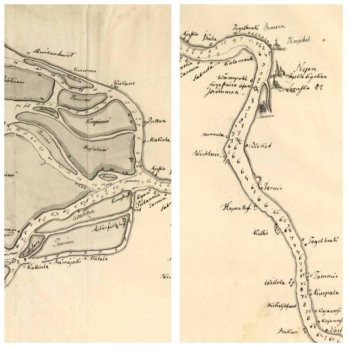 Фрагмент из гидрографическая карта реки Невы от рейда Ниен в Соленом море до Нотеборга 1701 год. Источник карты: Национальный архив Швеции. https://riksarkivet.se/