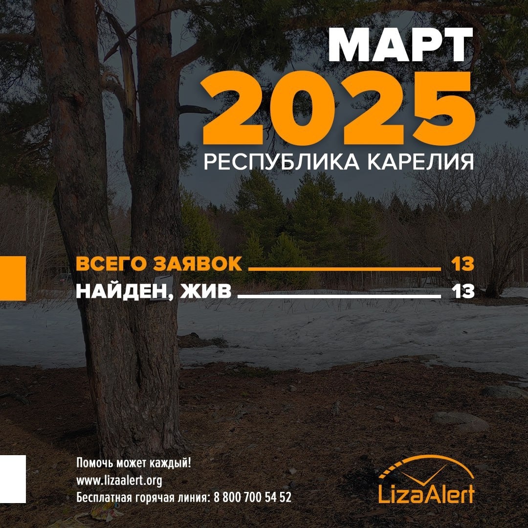    Статистика отряда «ЛизаАлерт» за март 2025 года. Фото: Поисковый отряд «ЛизаАлерт» Республики Карелия / ВК