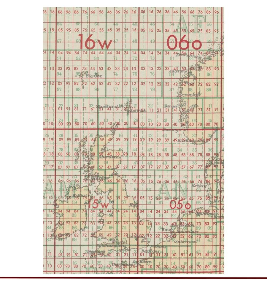 Фрагмент карты района действия торпедоносцев в 1940 г. Красным обозначены квадраты сетки Люфтваффе, зеленым – квадраты Кригсмарине.