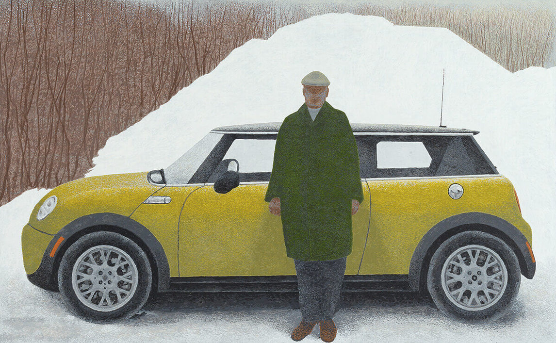 Алекс Колвилл, "Художник и автомобиль", 2008, акриловая полимерная эмульсия на оргалите, 26,7 х 42,3 см, частная коллекция.