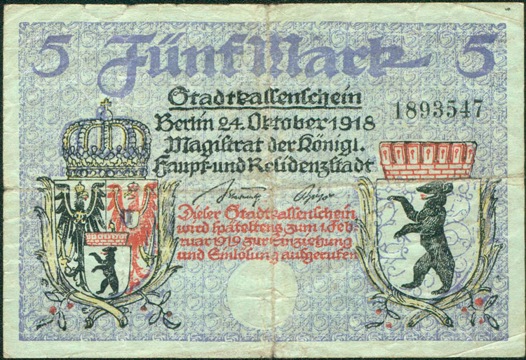 Берлин, магистрат, 24 октября 1918 года, 5 марок, номер с предварительной печатью "1" (аверс)