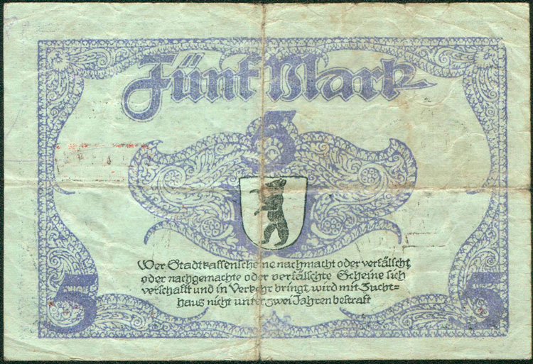 Берлин, магистрат, 24 октября 1918 года, 5 марок, номер с предварительной печатью "1" (реверс)
