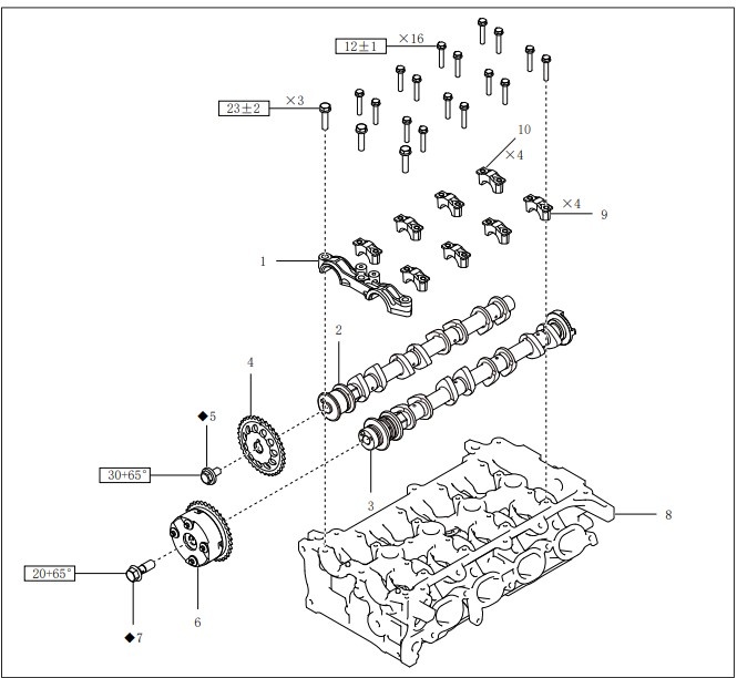 1. Передняя крышка подшипников распределительного вала
2. Распределительный вал выпускных клапанов
3. Распределительный вал впускных клапанов
4. Звездочка привода распределительного вала выпускных клапанов
5. Блок болтов крепления звездочки привода распределительного вала выпускных клапанов
6. Механизм изменения фаз газораспределения
7. Болты механизма изменения фаз газораспределения
8. Головка блока цилиндров
9. Крышка подшипников распределительного вала впускных клапанов
10. Крышка подшипников распределительного вала выпускных клапанов