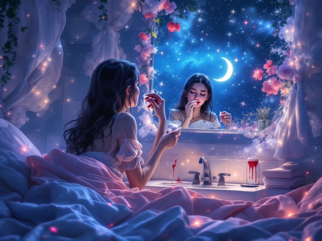    К чему такое снится: На картине изображен человек, стоящий перед зеркалом в ванной комнате, держащий в одной руке зуб, а другой вытирающий кровь с рта при помощи ватного тампона. На рако